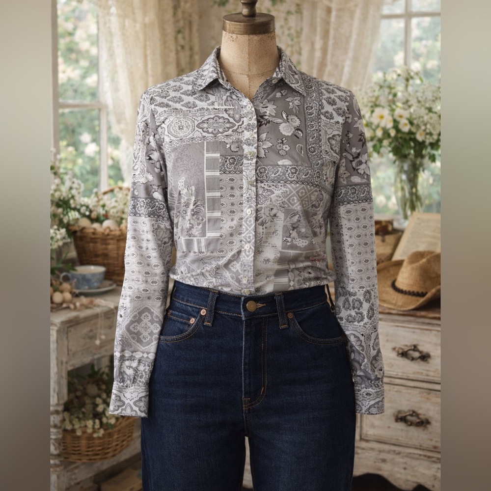 Van Laack Western Paisley & Checked Button Down Blouse
